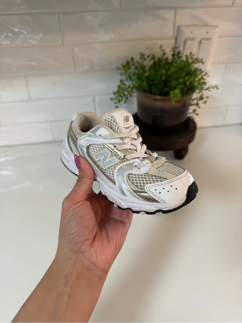 New Balance Kids White and Beige Mesh Running Sneaker